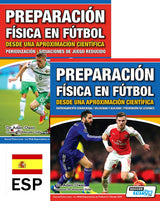 Two book covers show soccer players in action for "Preparación Física en Fútbol desde una Aproximación Científica" by SoccerTutor, covering entrenamiento condicional, velocidad y agilidad, periodización, and juego reducido, with a Spanish flag and "ESP" below.