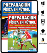 Dos portadas de “Preparación Física en Fútbol desde una Aproximación Científica” de SoccerTutor se muestran en una tablet, junto a los logos de compatibilidad con PC, Mac, iOS, Android y Kindle Fire.