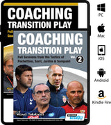 The Coaching Transition Play Volume 1 & 2 Bundle by SoccerTutor features football coaches Pochettino, Sarri, Jardim, and Sampaoli. Ideal for soccer coaching, it's compatible with PC, Mac, iOS, Android, and Kindle Fire.