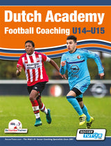 Two teenage boys play soccer—one in a red-and-white striped kit, one in light blue—chasing the ball on grass. The image features tactical practices from SoccerTutors Dutch Academy Football Coaching U14-15: Functional Training & Tactical Practices.