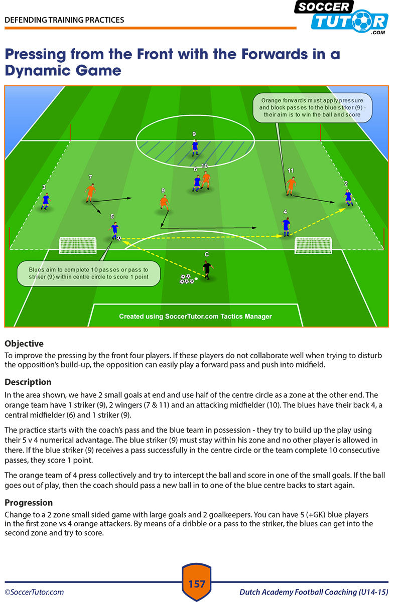 The Dutch Academy Football Coaching U10-15 - 3 Book Bundle by SoccerTutor features diagrams showing the orange team pressing high vs blue, with player positions, cones, goals, and training objectives—perfect for book bundles.