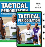 The image features the cover and tablet version of SoccerTutors book, Tactical Periodization - A Proven Successful Training Model, showing a football coach in a white shirt with a clipboard, illustrating this effective coaching method.