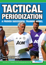 A soccer coach in a white shirt holds a clipboard outdoors with players, during training. The cover text reads: Tactical Periodization - A Proven Successful Training Model by SoccerTutor.