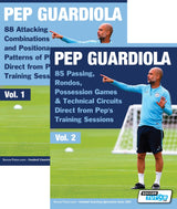 The Pep Guardiola Volume 1 & 2 Bundle by SoccerTutor features covers of Guardiola coaching, with Vol. 1 on attacking combinations and positional patterns, and Vol. 2 on passing, rondos, and technical circuits—173 practices from his sessions.