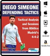 The cover of SoccerTutor's "Diego Simeone Defending Tactics - Tactical Analysis and Sessions from Atlético Madrid’s 4-4-2" features Diego Simeone in an Atlético Madrid tracksuit holding a green notebook, with device compatibility icons on the right.