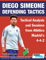 A man in Atlético Madrid gear holds a green notebook. Text: “Diego Simeone Defending Tactics – Tactical Analysis and Sessions from Atlético Madrid’s 4-4-2.” Ideal for football coaches. SoccerTutor branding appears.