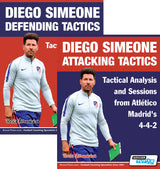 Two SoccerTutor book covers display Diego Simeone in an Atlético Madrid tracksuit holding a green folder. Titles: “Defending and Attacking Tactics: Tactical Analysis and Sessions from Atlético Madrid’s 4-4-2 - 2 Book Bundle.”.