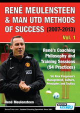 The cover of René Meulensteen & Man Utd Methods of Success (2007-2013) shows Meulensteen coaching, highlights his philosophy, 94 training practices, Ferguson’s management and tactics, plus the SoccerTutor brand logo.