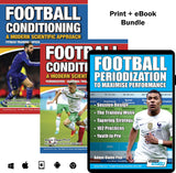 Three SoccerTutor book covers—Football Periodization and Conditioning 3 Book Bundle: Session Design, Season Training, 156 Practices—by Adam Owen featuring athletes, with platform icons below showing digital availability.