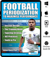 A promo image for SoccerTutor's "Football Periodization to Maximise Performance" shows a male player in white, text on maximising performance, and icons for PC, Mac, iOS, Android & Chromebook compatibility.