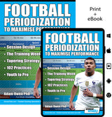 The image displays the cover of SoccerTutor's "Football Periodization to Maximise Performance: Session Design - The Training Week - Tapering Strategy - 102 Practices - Youth to Pro," available in print and ebook formats.