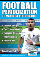 The SoccerTutor book "Football Periodization to Maximise Performance" shows a footballer in white and a performance chart, covering session design, weekly structure, tapering strategy, 102 practices, and training from youth to pro.