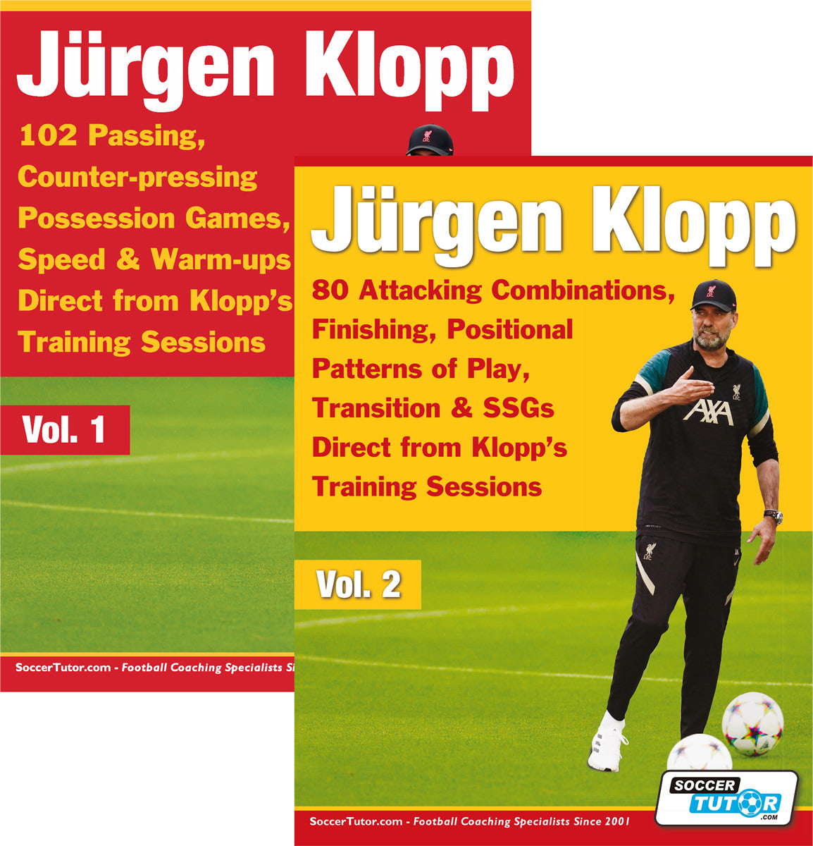Jürgen Klopp Vol 1 & 2 Bundle by SoccerTutor features 182 practices from Klopp’s training sessions, including passing, counter-pressing, possession, attacking drills, finishing & positional play—red covers with yellow text and Klopp’s photo.