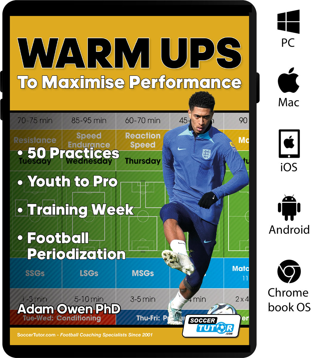 A soccer player in a blue kit kicks a ball on SoccerTutors guide cover, Warm Ups to Maximise Performance: 50 Practices | Youth to Pro | Training Week | Football Periodization, with info and logos for multiple operating systems.