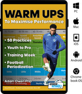 A soccer player in a blue kit kicks a ball on SoccerTutors guide cover, Warm Ups to Maximise Performance: 50 Practices | Youth to Pro | Training Week | Football Periodization, with info and logos for multiple operating systems.