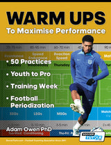 A male soccer player in a blue training kit kicks a ball on a green field. The poster features SoccerTutors Warm Ups to Maximise Performance: 50 Practices | Youth to Pro | Training Week | Football Periodization.