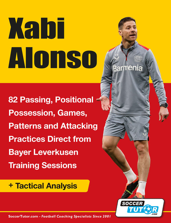 A man in a gray Bayer Leverkusen tracksuit stands before a yellow and red background featuring details about "Xabi Alonso - 82 Passing, Positional Possession, Games, Patterns, and Attacking Practices." The SoccerTutor logo appears below.