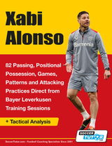 A man in a gray Bayer Leverkusen tracksuit stands before a yellow and red background featuring details about "Xabi Alonso - 82 Passing, Positional Possession, Games, Patterns, and Attacking Practices." The SoccerTutor logo appears below.
