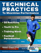 A male soccer player in blue leaps over hurdles, illustrating SoccerTutor’s Technical Practices to Maximise Performance: 50 Practices - Youth to Pro - Training Week - Football Periodization, featuring warm-ups and sessions for skill and performance improvement.