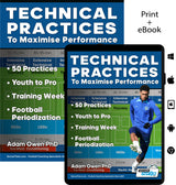 A book cover and tablet display SoccerTutors Technical Practices to Maximise Performance: 50 Practices - Youth to Pro - Training Week - Football Periodization featuring a football player, pitch graphic, and key topics like training and periodization.