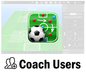 The SoccerTutor Tactics Manager App displays an icon with a soccer ball and tactic diagram. Below, Additional Coach Users appears next to a user-plus icon, highlighting the option to add more coaches in the app.