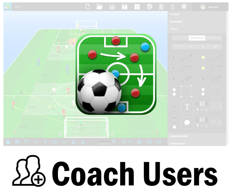The SoccerTutor Tactics Manager App shows a digital soccer tactics board with player icons and a ball, backed by the coaching interface. Below, "Additional Coach Users" displays with user and plus icons for adding more coaches.