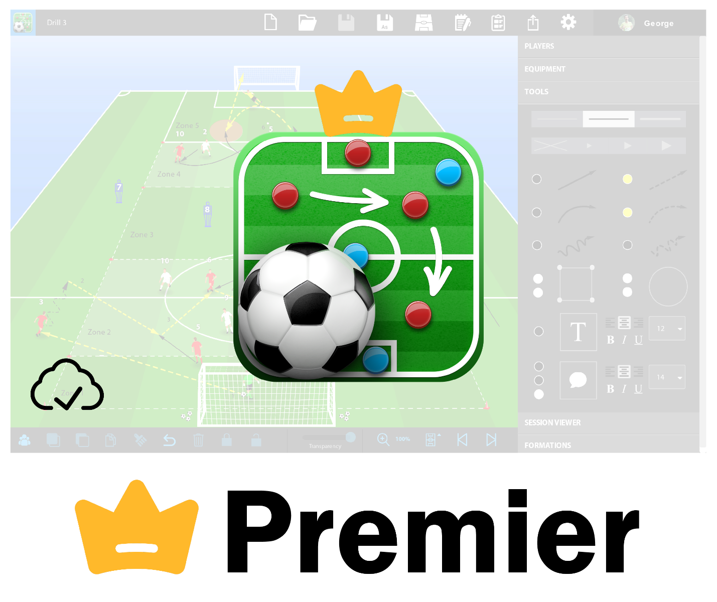 SoccerTutor’s Premier Plan unlocks extra features for Tactics Manager, like unlimited cloud saving and multi-device access. The digital interface shows players, arrows, zones, a gold crown icon, and editing tools on the right.