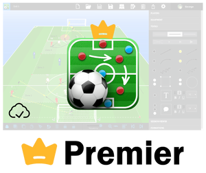 SoccerTutor’s Premier Plan unlocks extra features for Tactics Manager, like unlimited cloud saving and multi-device access. The digital interface shows players, arrows, zones, a gold crown icon, and editing tools on the right.