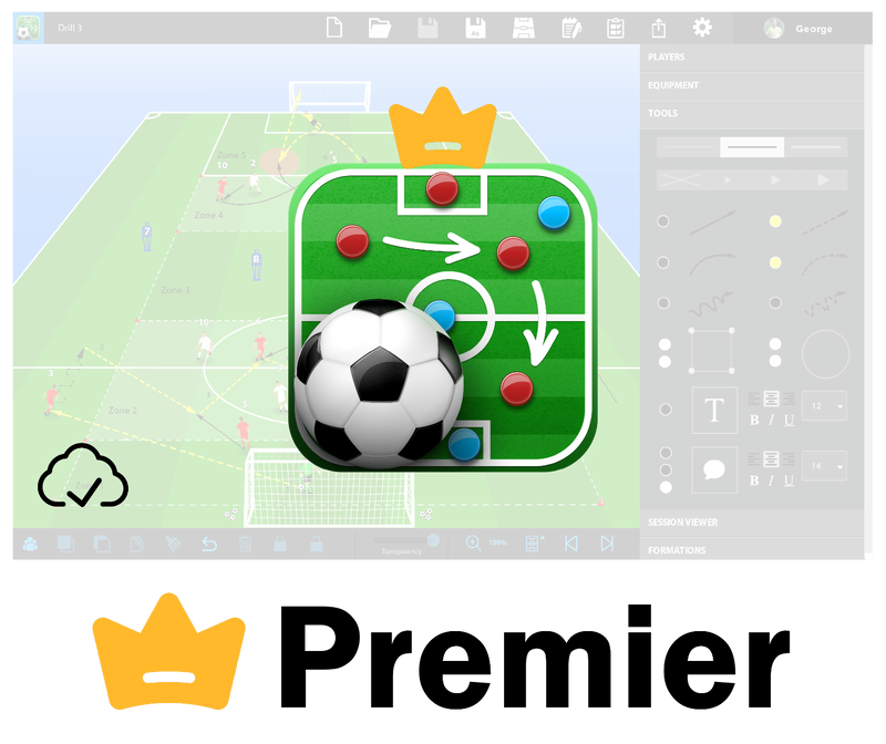 The Premier Plan from SoccerTutor adds extra features to Tactics Manager Pro, showcasing a digital soccer tactics board with player positions, passing routes, drawing and notes icons, yellow crown doodles, the app icon overlay, and Unlimited Cloud Saving.