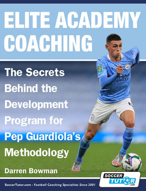 The Elite 2 Book Bundle: 132 Practices - 33 Sessions (Save 25%) by Fast Bundle showcases a Manchester City player, with promo text highlighting soccer training based on the Pep Guardiola development program.