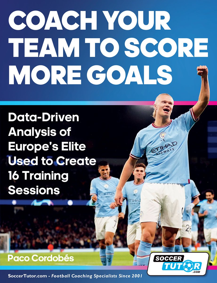 Book cover with a soccer player in a Manchester City kit. Text: Elite 2 Book Bundle: 132 Practices - 33 Sessions (Save 25%) by Fast Bundle. Data-driven coaching to boost your teams goal scoring with elite training sessions by Paco Cordobés.