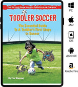 The SoccerTutor eBook Toddler Soccer - The Essential Guide for Coaching 2-6 Years features a playful cover with a child in a pirate hat kicking a soccer ball—ideal for introducing young kids to soccer.