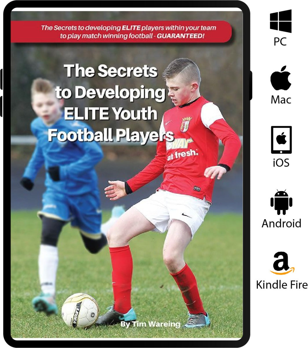 The Secrets to Developing ELITE Youth Football Players eBook by SoccerTutor features two boys in action—a red-kitted player controlling the ball and a blue-kitted opponent—highlighting Elite Youth Football Development.