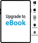 A digital tablet displays "Upgrade to eBook from Paperback" in blue. Icons show SoccerTutor eBooks work on PC, Mac, iOS, Android, and Kindle Fire for your soccer coaching books.