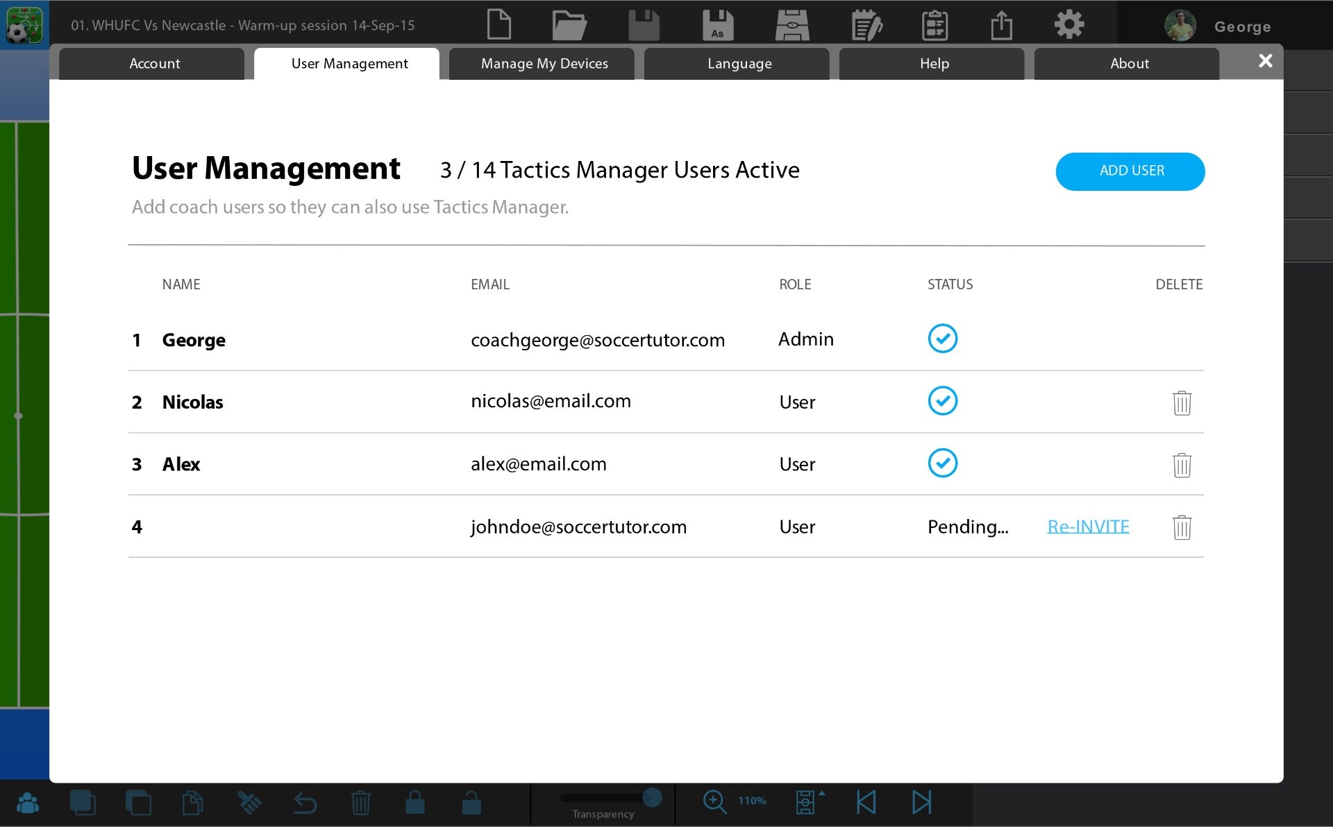 The SoccerTutor Tactics Manager App’s user dashboard lists four users with name, email, role (Admin or User), and status (Active or Pending). Three are active; one is pending with re-invite. Easily add Additional Coach Users.