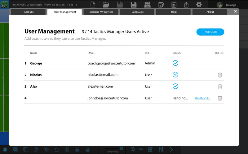 The SoccerTutor Tactics Manager App’s user management dashboard lists four users (name, email, role, status): three active and one pending. Use the Add User button (top right) to add Additional Coach Users with the Additional Coach Users feature.