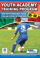 A boy in a blue soccer uniform kicks a ball on a green field. Text: Youth Academy Training Program U5-8 – New Methodology From Italian Serie Video. SoccerTutor logo appears at the bottom.