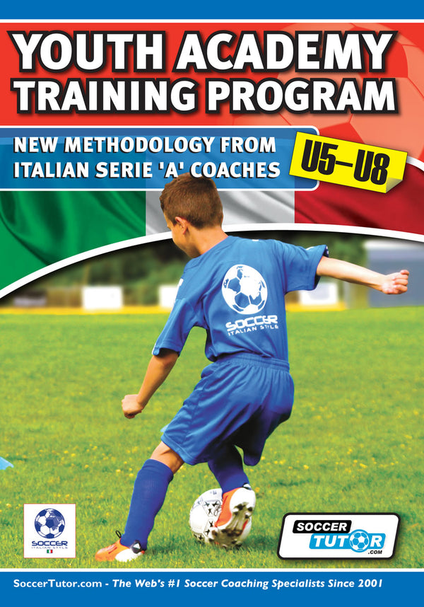 A young boy in a blue soccer uniform kicks a ball on a field. Bold text promotes SoccerTutors Youth Academy Training Program U5-8, featuring new methodology from Italian Serie ‘A’ coaches in video format.
